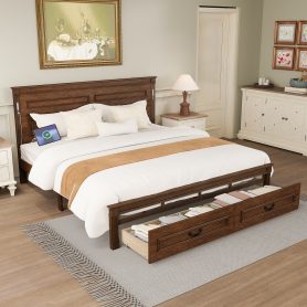 King Size Bed with Tall-Panel Headboard & Footboard, 2 Storage Drawers, Built-in LED Lights, USB Charging Station