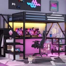 Metal Full Loft Bed With Wardrobe, LED Light, L Shaped Desk And USB