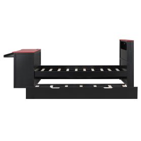 Twin Size Wood Daybed with Twin Size Trundle, Desk, LED light and USB