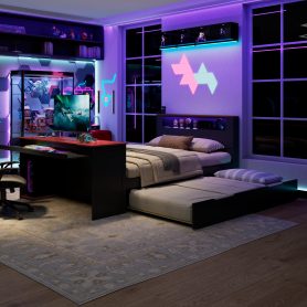 Full Size Wood Daybed with Twin Size Trundle, Desk, LED light and USB