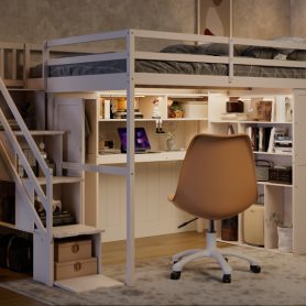 Full Loft Bed Frame with Built-In Wardrobe, Study Desk, Storage Shelves & Lights 49 Full Loft Bed Frame with Built-In Wardrobe, Study Desk, Storage Shelves & Lights