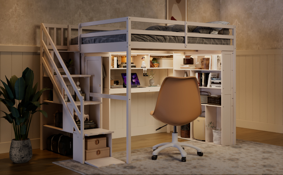 Full Loft Bed Frame with Built-In Wardrobe, Study Desk, Storage Shelves & Lights 25 Full Loft Bed Frame with Built-In Wardrobe, Study Desk, Storage Shelves & Lights