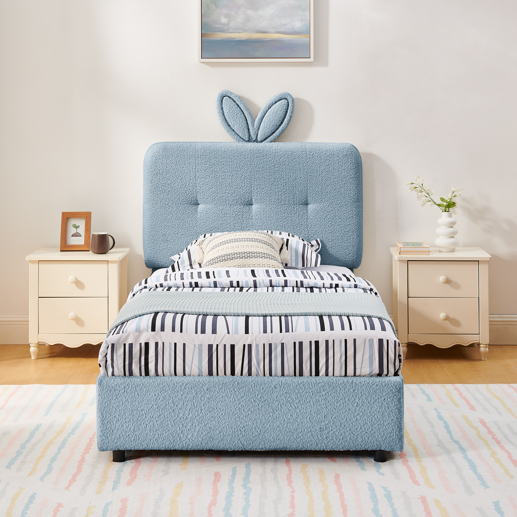 Twin Size Kids Upholstered Bed With Oversized Rabbit Ear Headboard, Music Sync, LED Light & 4 Storage Drawers 6 Twin Size Kids Upholstered Bed With Oversized Rabbit Ear Headboard, Music Sync, LED Light & 4 Storage Drawers