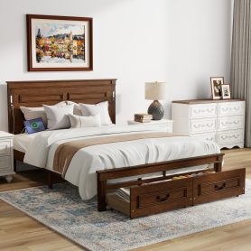 Queen Size Bed with Tall-Panel Headboard & Footboard, 2 Storage Drawers, Built-in LED Lights, USB Charging Station