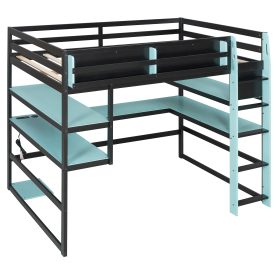 Full Size Wood Loft Bed With Desk, Side Storage Rack, Multi-storage Shelves And RGB Light