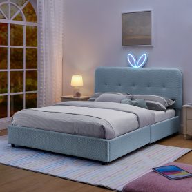 Queen Size Kids Upholstered Bed With Oversized Rabbit Ear Headboard, Music Sync, LED Light & 4 Storage Drawers