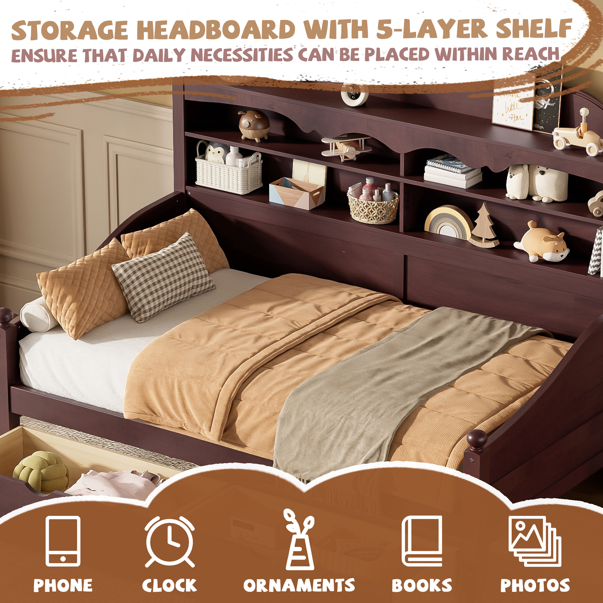 Wooden Twin Daybed With Storage Drawers and Storage Headboard Shelving 7 Wooden Twin Daybed With Storage Drawers and Storage Headboard Shelving