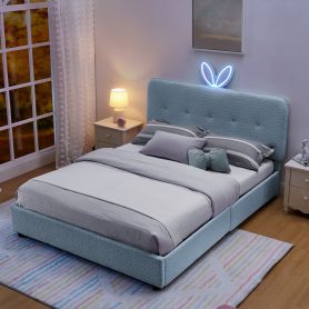 Home 41 Queen Size Kids Upholstered Bed With Oversized Rabbit Ear Headboard, Music Sync, LED Light & 4 Storage Drawers