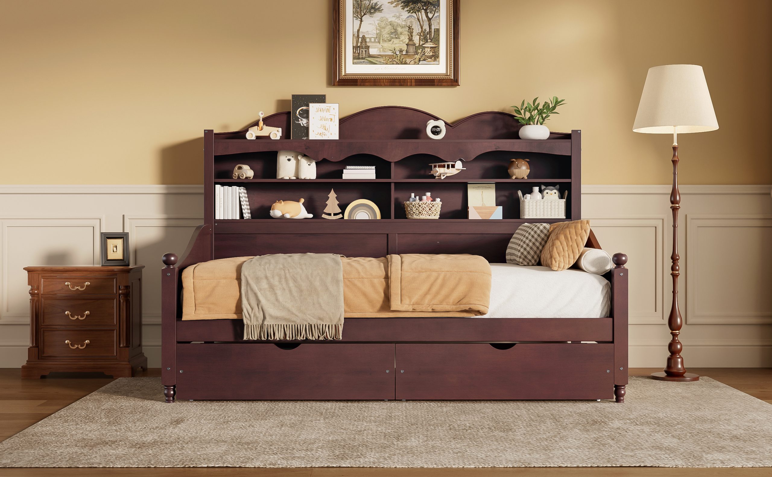 Wooden Twin Daybed With Storage Drawers and Storage Headboard Shelving 16 Wooden Twin Daybed With Storage Drawers and Storage Headboard Shelving