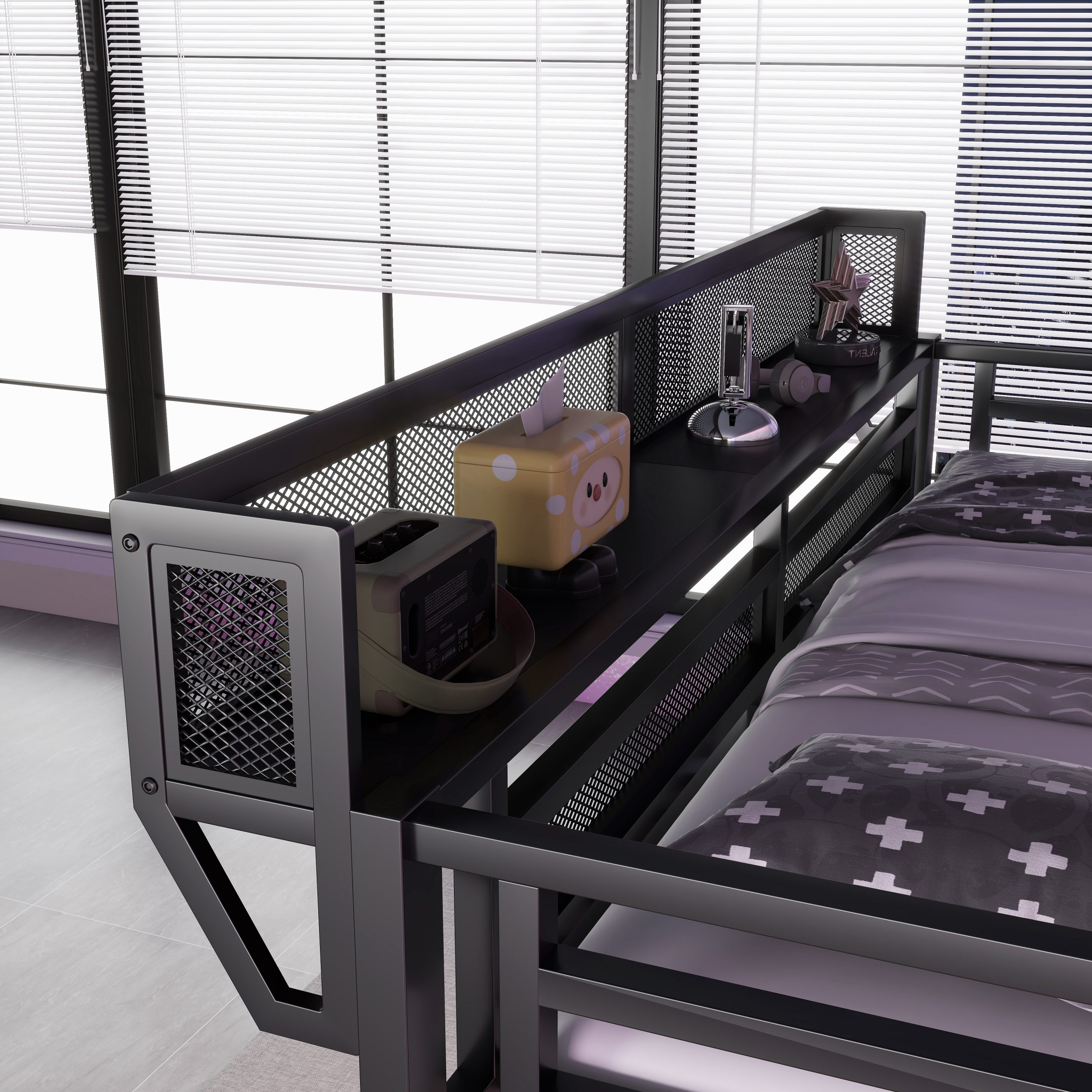 Metal Queen Size Loft Bed With Desk, Charging Station, Stairs And Light 6 Metal Queen Size Loft Bed With Desk, Charging Station, Stairs And Light
