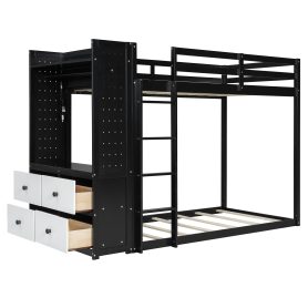 Twin Size Bunk Bed with 4 Storage Drawers, Hanging Rail, Light Strip and Built-in Shelves & Dual Pegboards