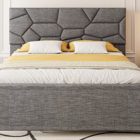 Queen Size Upholstered Platform Bed with Brick Pattern Headboard and Twin XL Size Trundle 47 Queen Size Upholstered Platform Bed with Brick Pattern Headboard and Twin XL Size Trundle