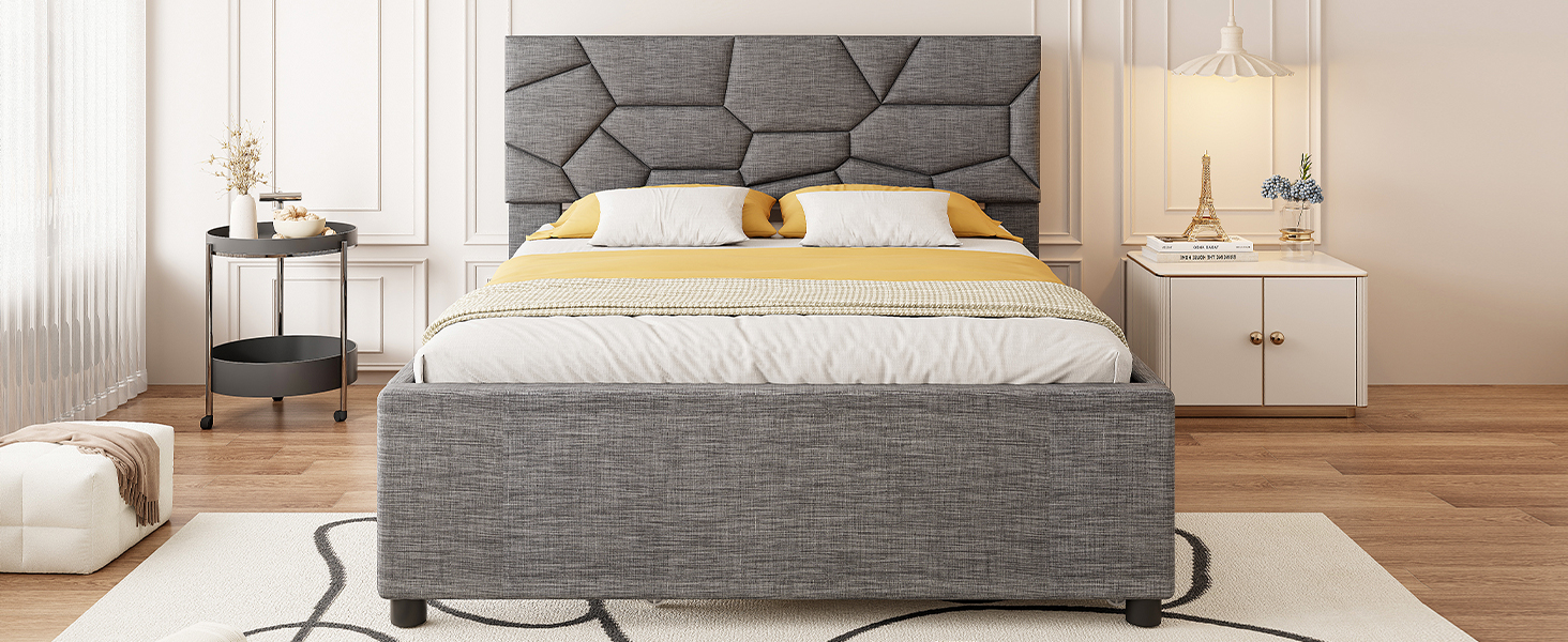 Queen Size Upholstered Platform Bed with Brick Pattern Headboard and Twin XL Size Trundle 25 Queen Size Upholstered Platform Bed with Brick Pattern Headboard and Twin XL Size Trundle