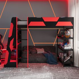 Full Size Gaming Loft Bed with Desk, Shelves & LED Lights
