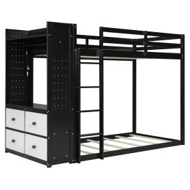 Twin Size Bunk Bed with 4 Storage Drawers, Hanging Rail, Light Strip and Built-in Shelves & Dual Pegboards