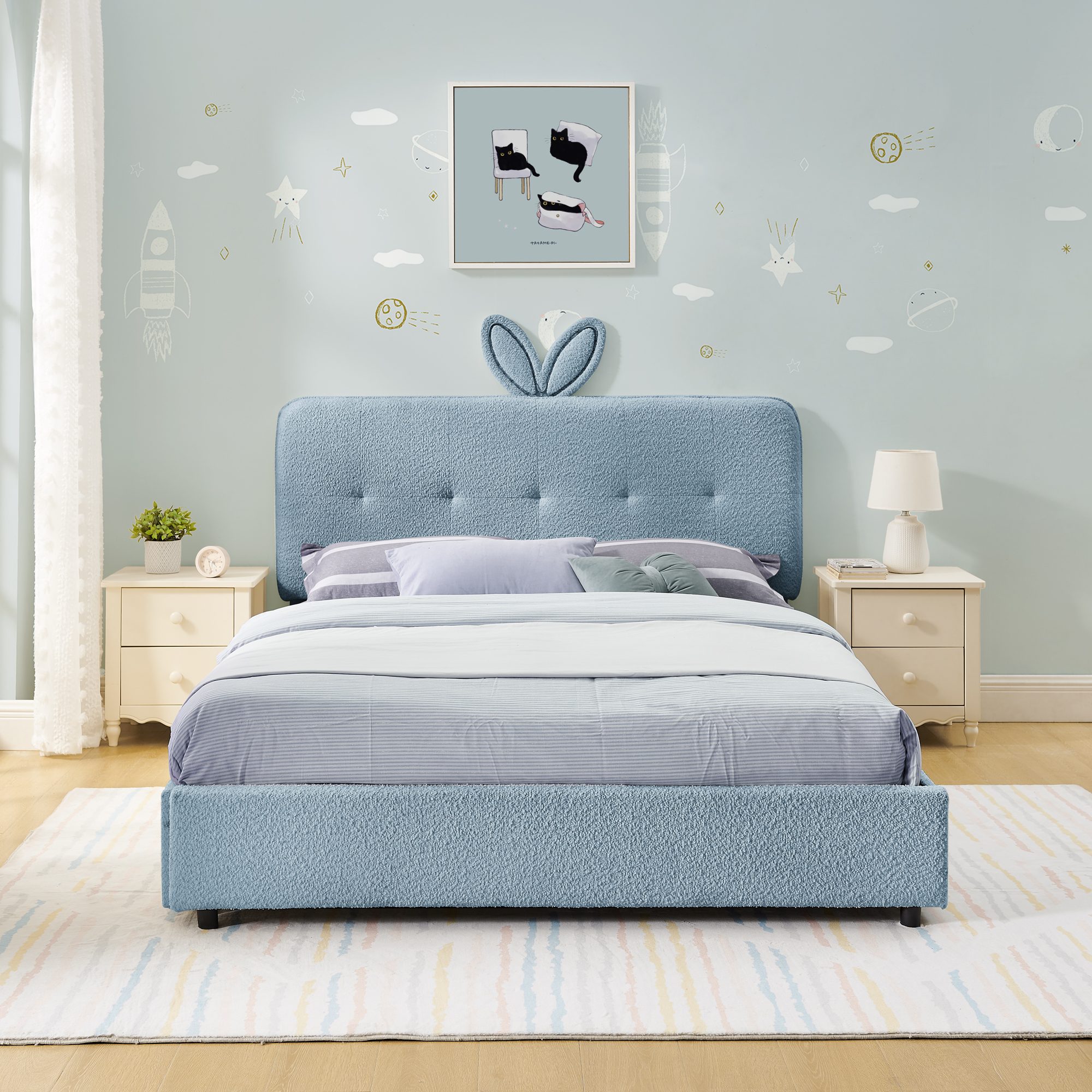 Full Size Kids Upholstered Bed With Oversized Rabbit Ear Headboard, Music Sync, LED Light & 4 Storage Drawers 9 Full Size Kids Upholstered Bed With Oversized Rabbit Ear Headboard, Music Sync, LED Light & 4 Storage Drawers