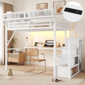 Full Size Metal Loft Bed With Desk, Charging Station, Stairs And Light