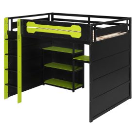 Full Size Wooden Gaming Loft Bed with Storage Shelves, Desk, USB & Power Outlet, and LED Light