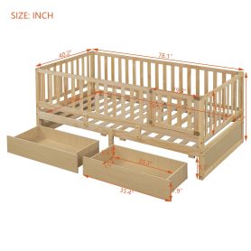 Twin Size Wood Daybed with Fence Guardrails and 2 Drawers, Split into Independent Floor Bed & Daybed 47 Twin Size Wood Daybed with Fence Guardrails and 2 Drawers, Split into Independent Floor Bed & Daybed