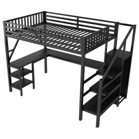 Metal Full Loft Bed With Wardrobe, LED Light, L Shaped Desk And USB