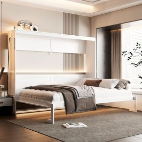 Queen-Size Modern Side-Folding Murphy Bed with Trendy Printed Pattern, LED Under-Bed Lighting & Built-In USB Outlet