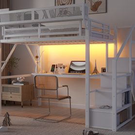 Full Size Metal Loft Bed With Desk, Charging Station, Stairs And Light