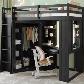 Twin Size Loft Bed with Integrated Large Wardrobe and Desk