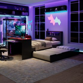 Twin Size Wood Daybed with Twin Size Trundle, Desk, LED light and USB