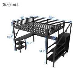 Metal Queen Size Loft Bed with L Shaped Desk and USB for Kids Teens Adults