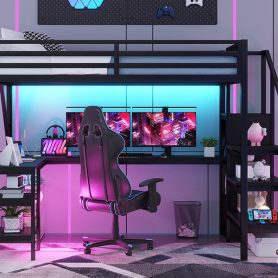 Metal Full Loft Bed With Wardrobe, LED Light, L Shaped Desk And USB