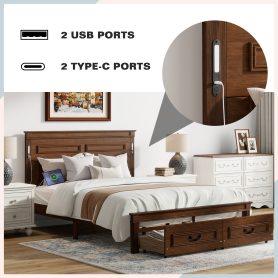 Queen Size Bed with Tall-Panel Headboard & Footboard, 2 Storage Drawers, Built-in LED Lights, USB Charging Station