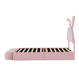 Twin Size Upholstered Platform Bed With Cartoon Ears Shaped Headboard And Light
