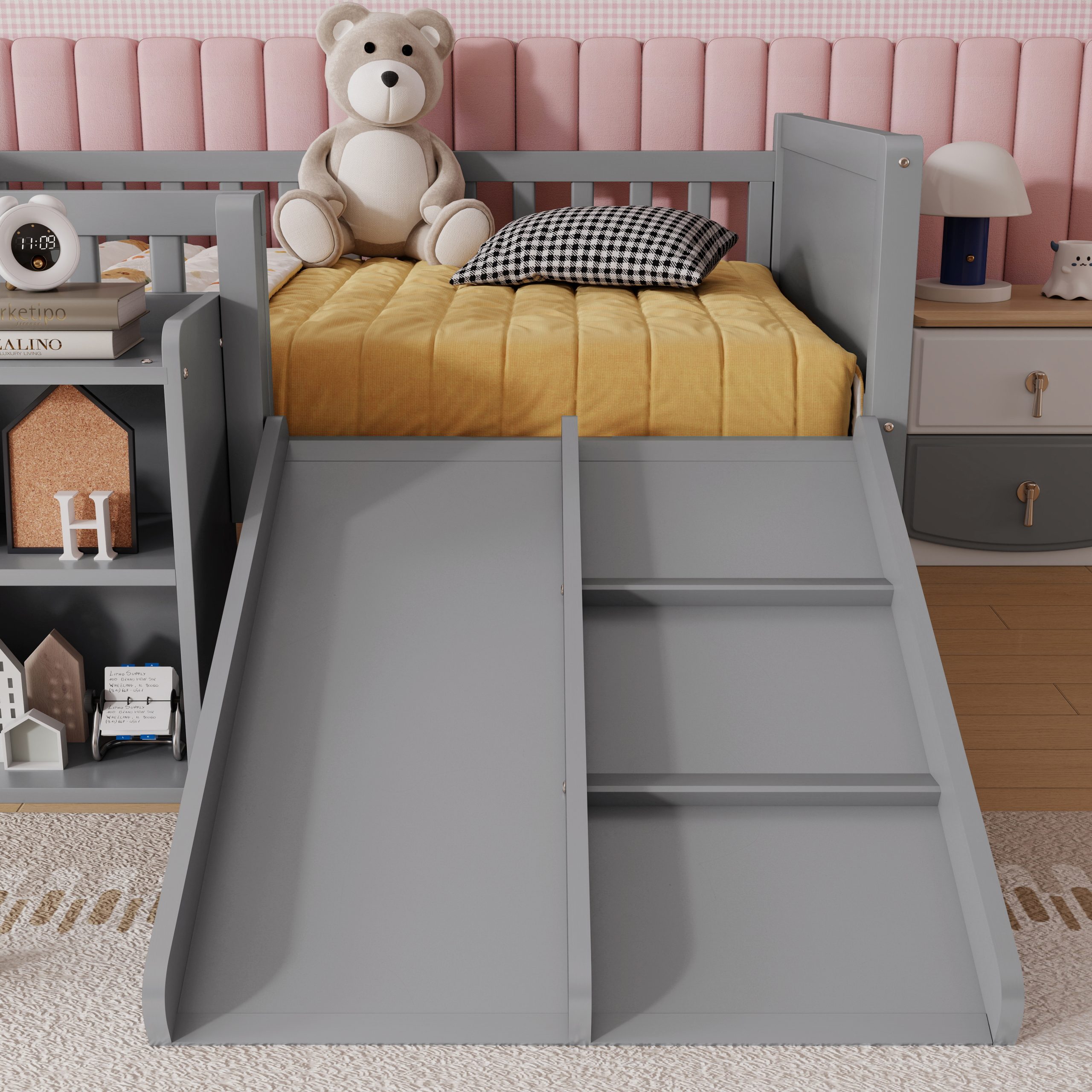 Twin Size Low Loft Bed with Slide, Movable Bookshelf Storage, Guardrails 5 Twin Size Low Loft Bed with Slide, Movable Bookshelf Storage, Guardrails