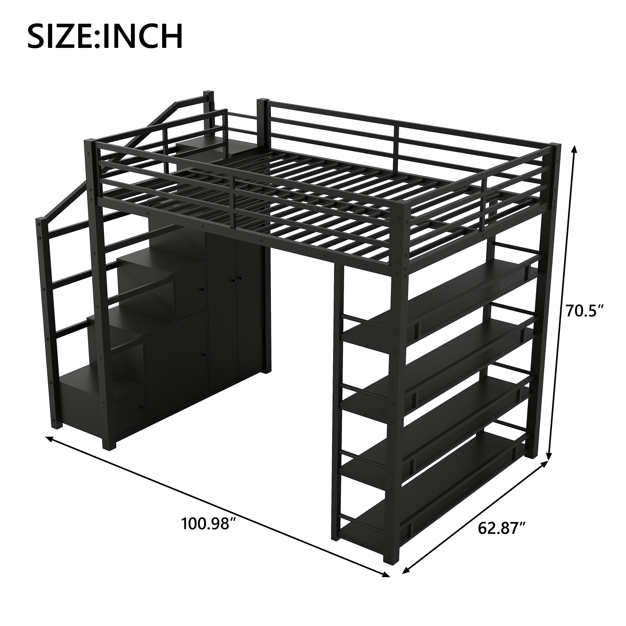 Queen Size Metal Loft Bed with Storage Shelves, Cabinets and Wardrobe 11 Queen Size Metal Loft Bed with Storage Shelves, Cabinets and Wardrobe