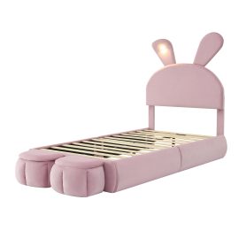 Twin Size Upholstered Platform Bed With Cartoon Ears Shaped Headboard And Light