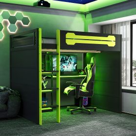 Full Size Wooden Gaming Loft Bed with Storage Shelves, Desk, USB & Power Outlet, and LED Light
