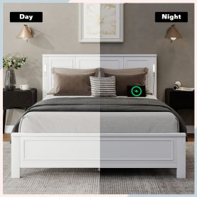 Queen Size Bed with Tall-Panel Headboard & Footboard, Built-in LED Lights, USB Charging Station