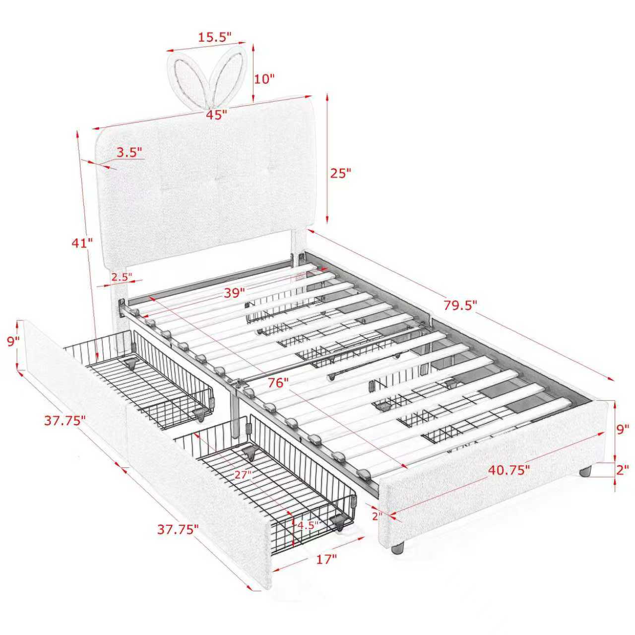 Twin Size Kids Upholstered Bed With Oversized Rabbit Ear Headboard, Music Sync, LED Light & 4 Storage Drawers 22 Twin Size Kids Upholstered Bed With Oversized Rabbit Ear Headboard, Music Sync, LED Light & 4 Storage Drawers