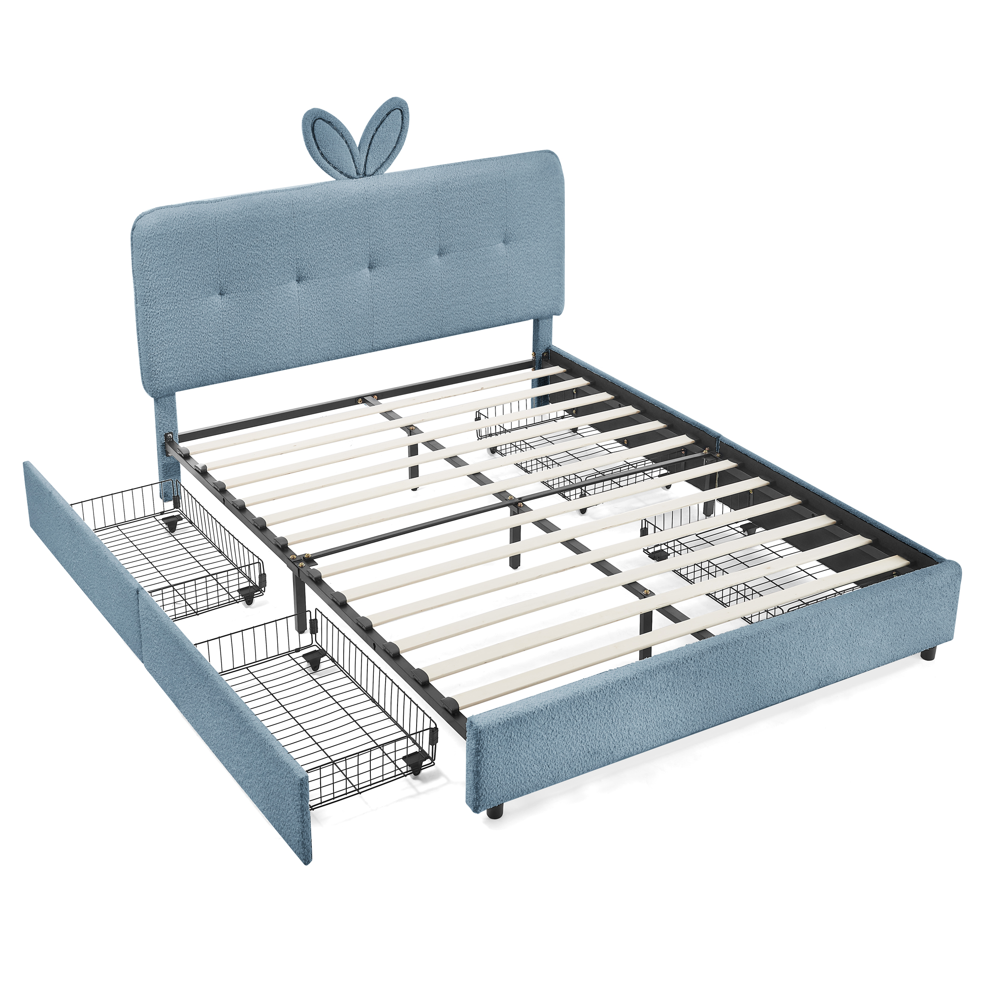 Full Size Kids Upholstered Bed With Oversized Rabbit Ear Headboard, Music Sync, LED Light & 4 Storage Drawers 16 Full Size Kids Upholstered Bed With Oversized Rabbit Ear Headboard, Music Sync, LED Light & 4 Storage Drawers