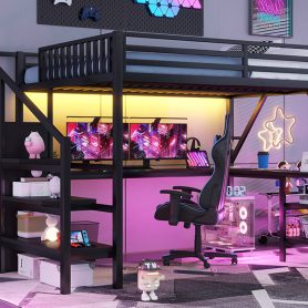 Metal Queen Size Loft Bed with L Shaped Desk and USB for Kids Teens Adults