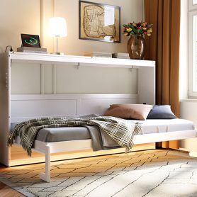 Twin-Size Modern Side-Folding Murphy Bed with Trendy Printed Pattern, LED Under-Bed Lighting & Built-In USB Outlet