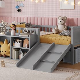 Twin Size Low Loft Bed with Slide, Movable Bookshelf Storage, Guardrails 35 Twin Size Low Loft Bed with Slide, Movable Bookshelf Storage, Guardrails