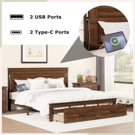 King Size Bed with Tall-Panel Headboard & Footboard, 2 Storage Drawers, Built-in LED Lights, USB Charging Station