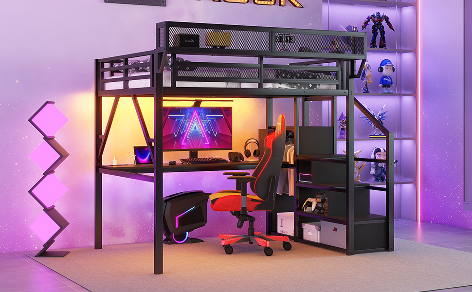 Metal Queen Size Loft Bed With Desk, Charging Station, Stairs And Light 20 Metal Queen Size Loft Bed With Desk, Charging Station, Stairs And Light