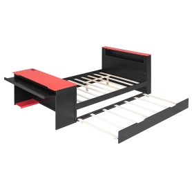 Full Size Wood Daybed with Twin Size Trundle, Desk, LED light and USB