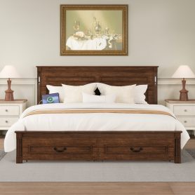 King Size Bed with Tall-Panel Headboard & Footboard, 2 Storage Drawers, Built-in LED Lights, USB Charging Station