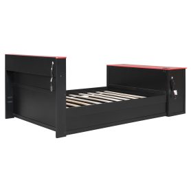 Full Size Wood Daybed with Twin Size Trundle, Desk, LED light and USB