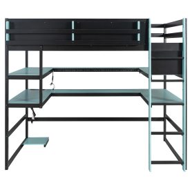 Full Size Wood Loft Bed With Desk, Side Storage Rack, Multi-storage Shelves And RGB Light