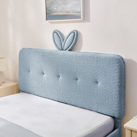 Queen Size Kids Upholstered Bed With Oversized Rabbit Ear Headboard, Music Sync, LED Light & 4 Storage Drawers