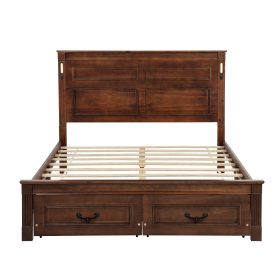Queen Size Bed with Tall-Panel Headboard & Footboard, 2 Storage Drawers, Built-in LED Lights, USB Charging Station